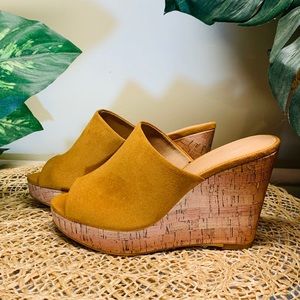 H&M Tan Faux Suede Open-Toed Cork Wedge Heels